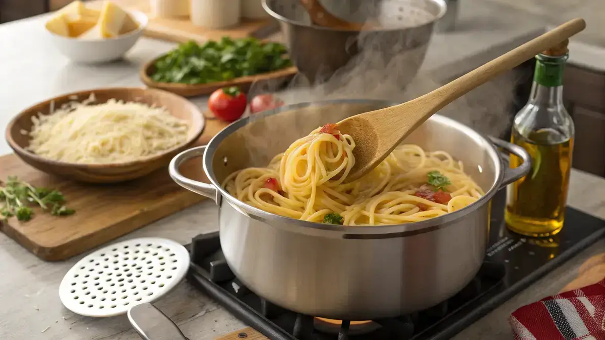 A pot of Barilla noodles boiling on the stove with ingredients around it.