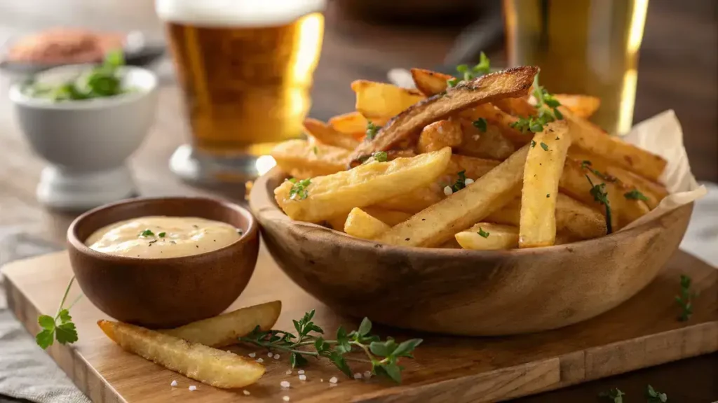 A bowl of crispy beer battered fries garnished with herbs.