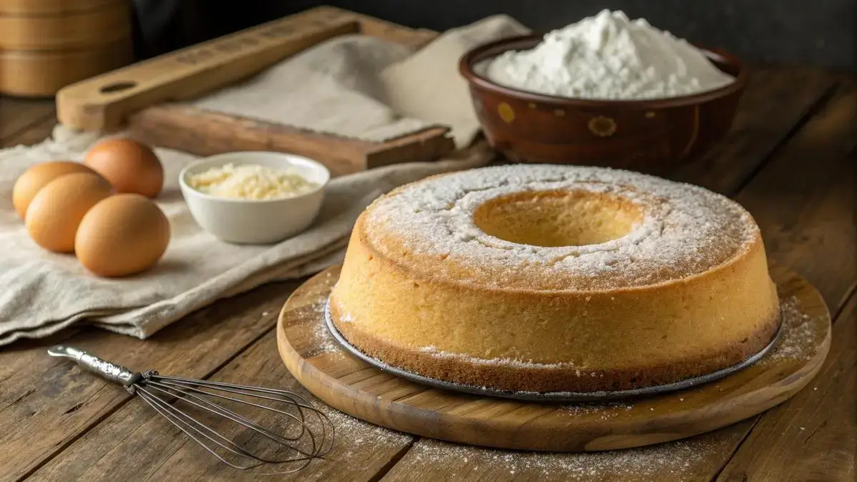 A freshly baked 10 inch round cake with a slice cut out, showcasing its fluffy texture and topped with powdered sugar and berries.