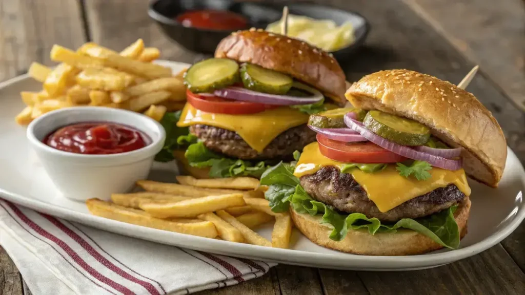 Two cheeseburgers with melted cheese and fresh toppings on a wooden table.
