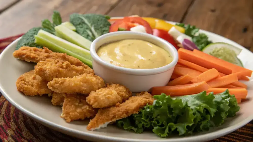 A bowl of creamy 3 ingredient honey mustard with fresh vegetables and chicken tenders on a wooden table.