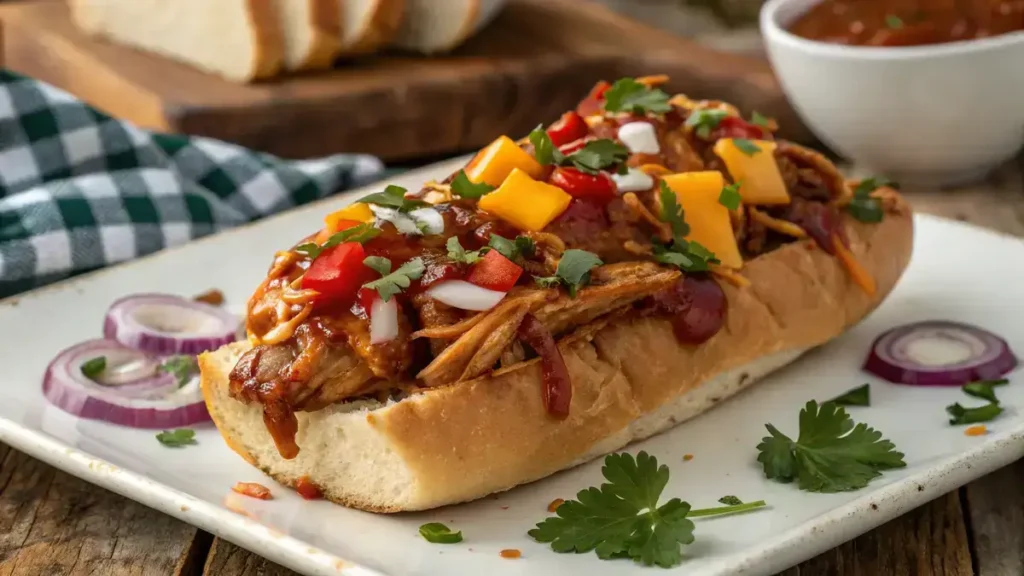 A close-up of BBQ bread topped with chicken, cheese, and vegetables.