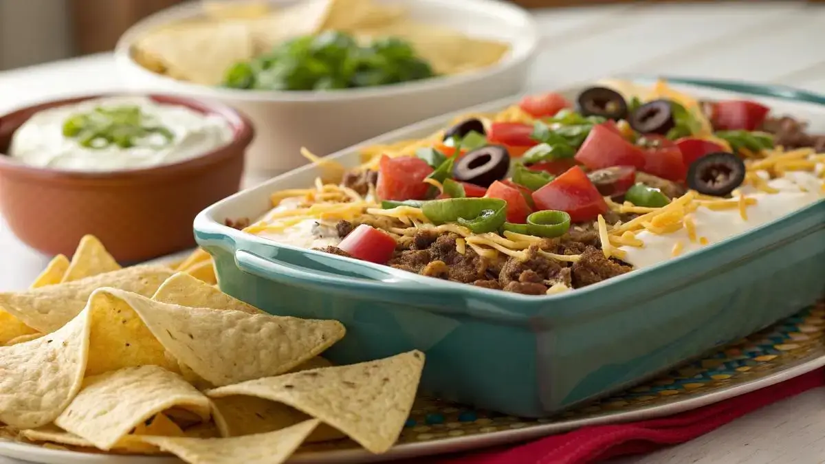 Baked taco dip with melted cheese and toppings served with tortilla chips.