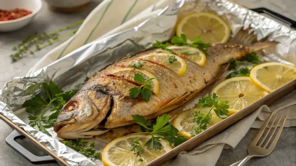 Baked whole tilapia garnished with lemon and parsley on a baking sheet.
