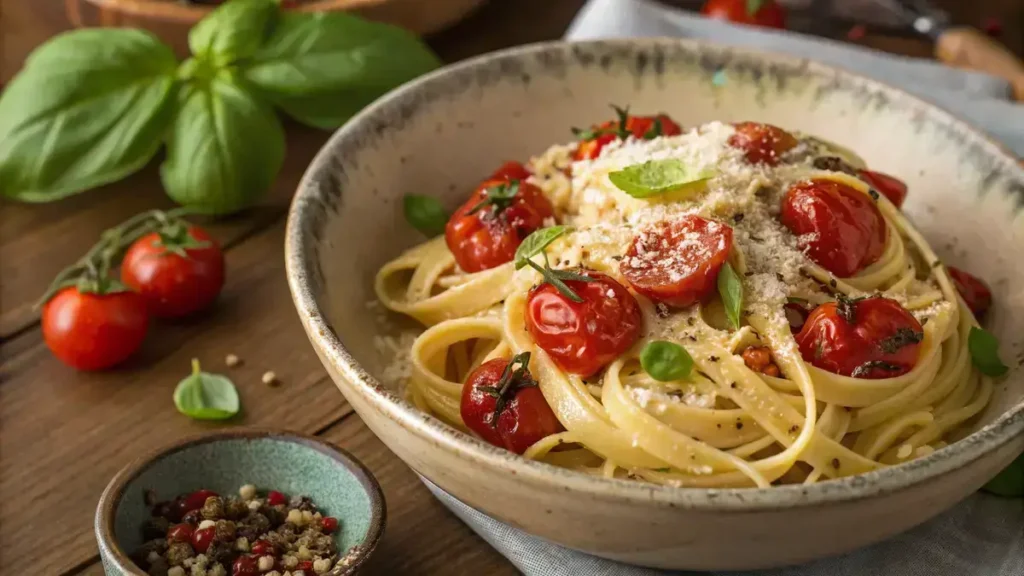 A bowl of Barilla linguine with cherry tomatoes and fresh basil.