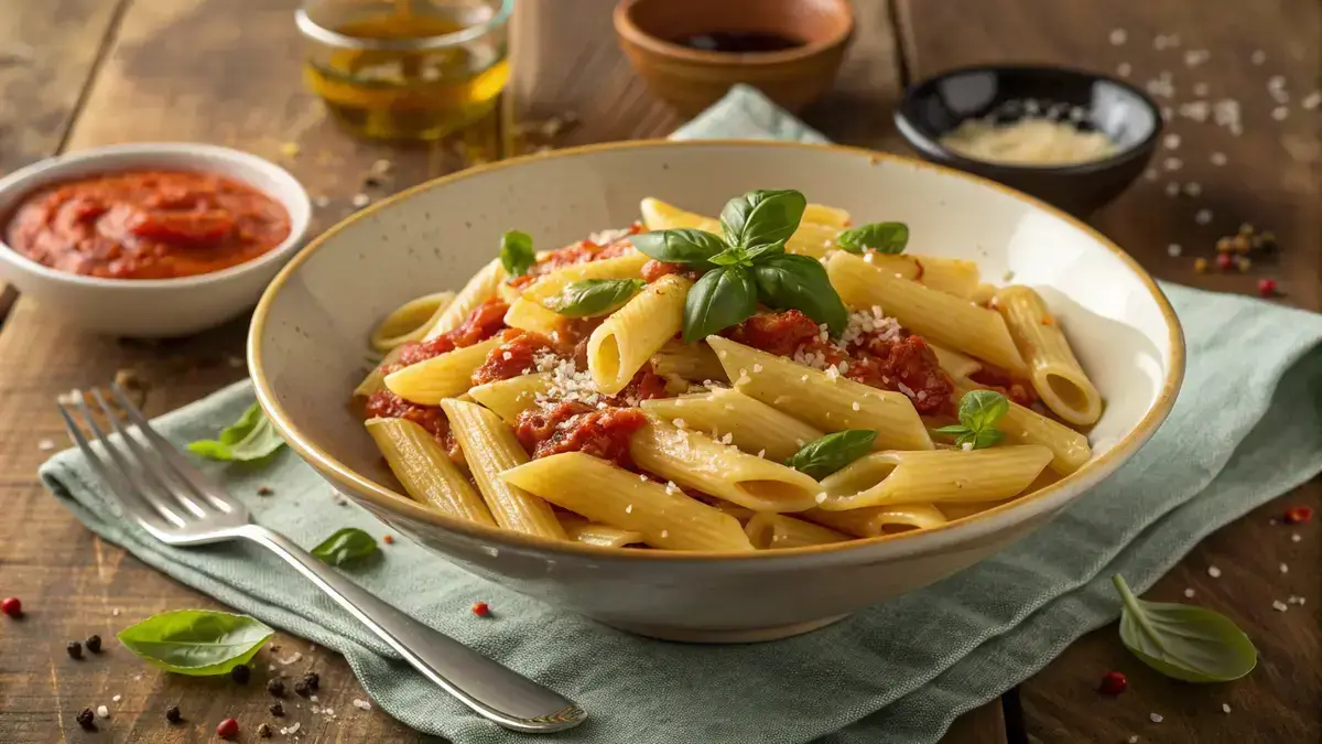A bowl of Barilla penne pasta garnished with basil and served with marinara sauce.