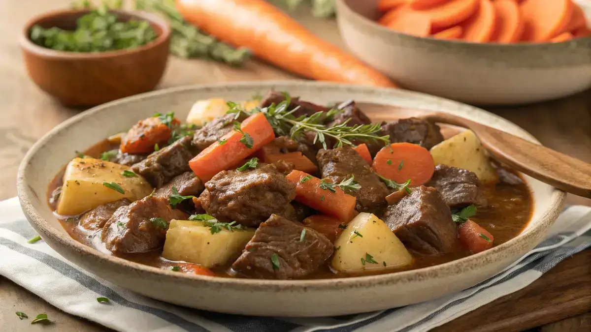 A bowl of beef chunks in sauce with vegetables, garnished with herbs.