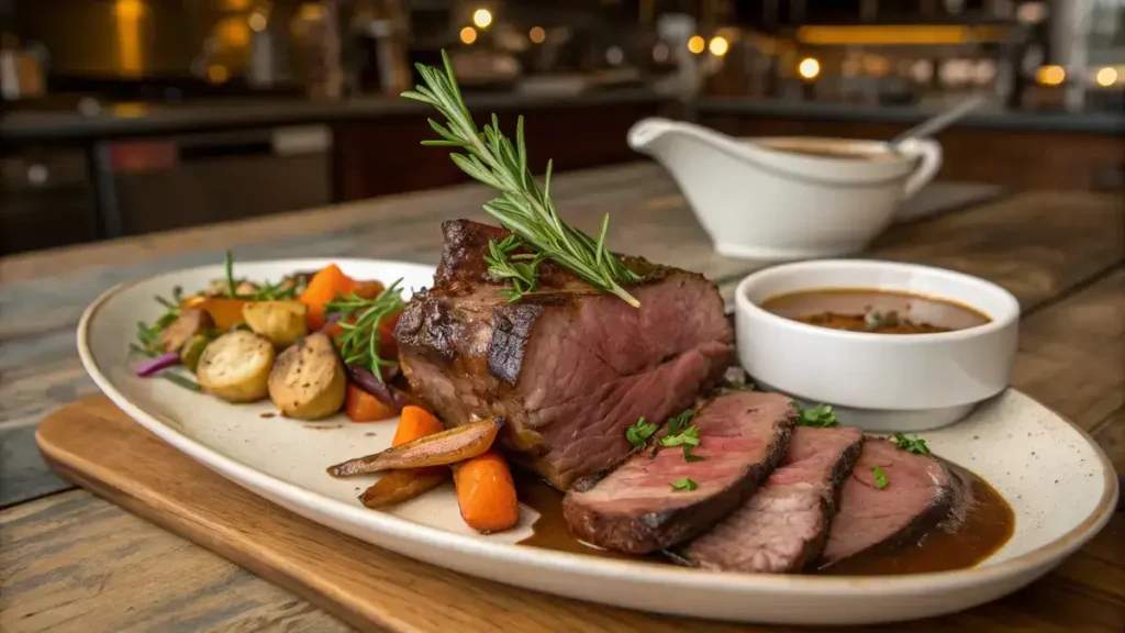 Sliced beef knuckle served with gravy and roasted vegetables on a wooden table.