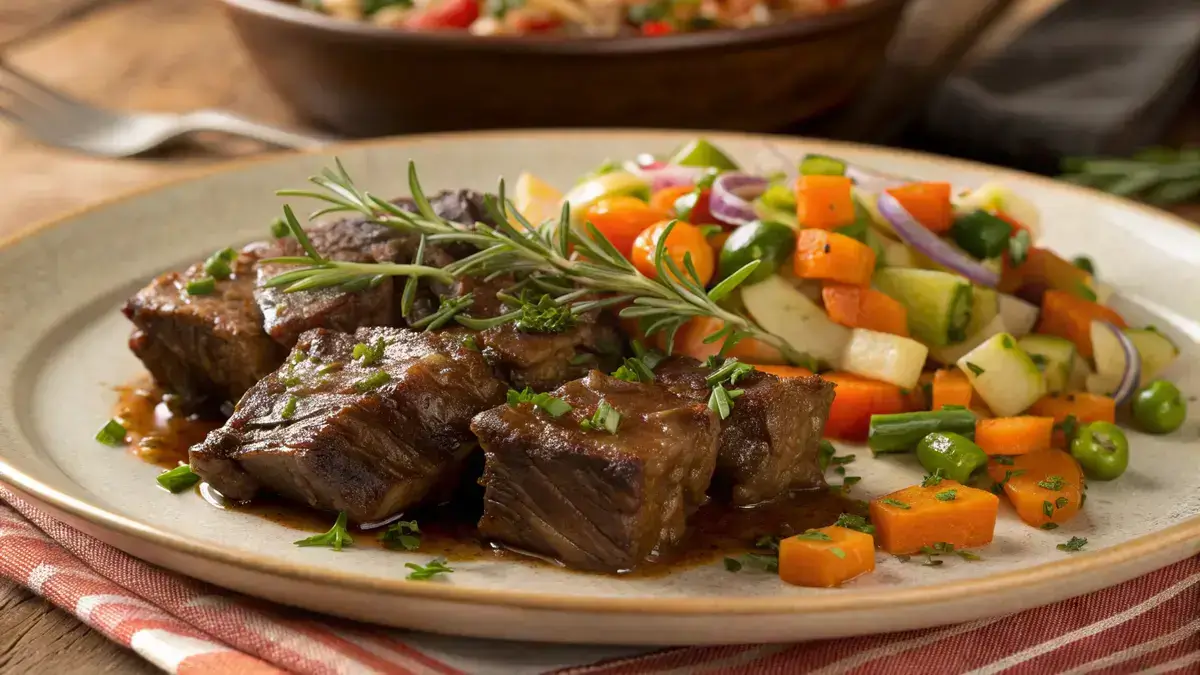 A plate of tender beef neck bones with sautéed vegetables.