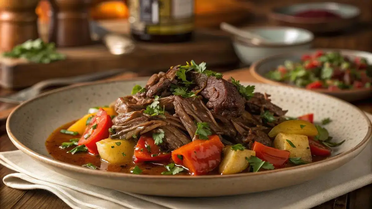 A plate of tender beef shin with sautéed vegetables in a rich broth.