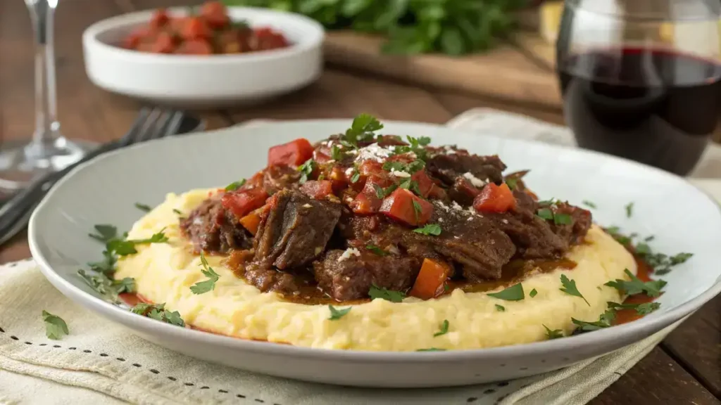 A plate of beef short rib ragu over polenta, garnished with parsley and Parmesan cheese.