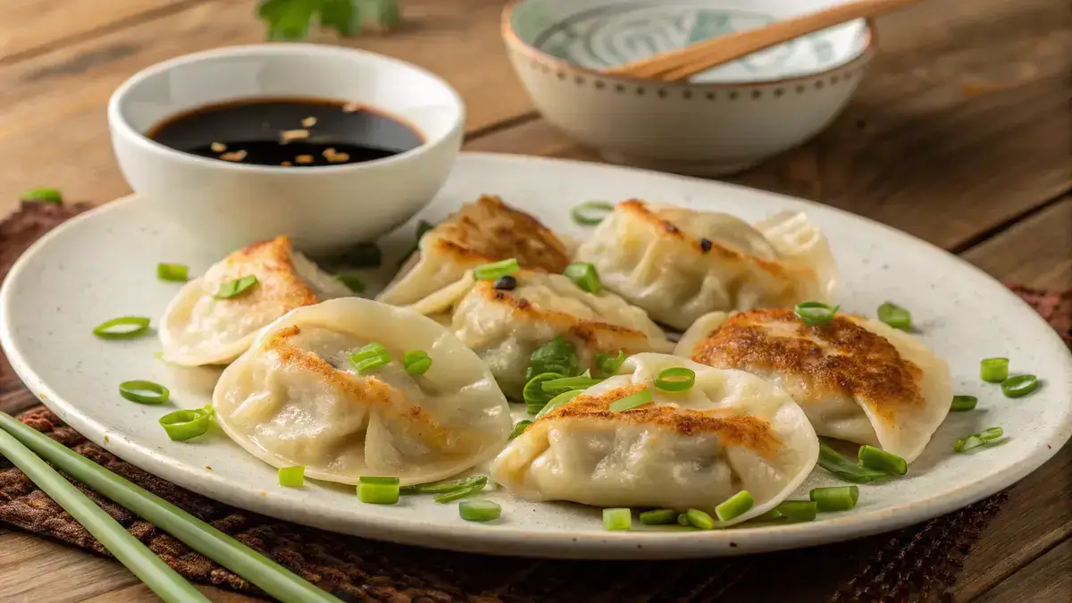 Plate of golden-brown dumplings garnished with green onions and soy sauce.