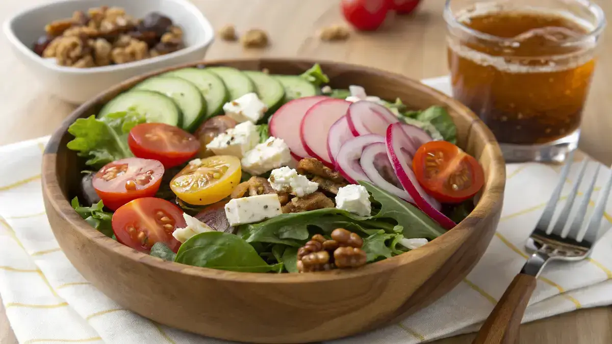 A fresh bistro salad with mixed greens, cherry tomatoes, cucumber, red onion, radishes, goat cheese, and walnuts in a wooden bowl.