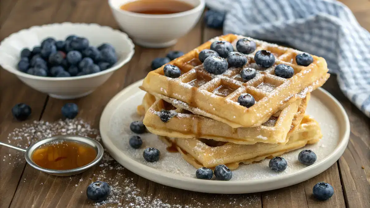 A stack of blueberry waffles topped with fresh blueberries and syrup on a wooden table.