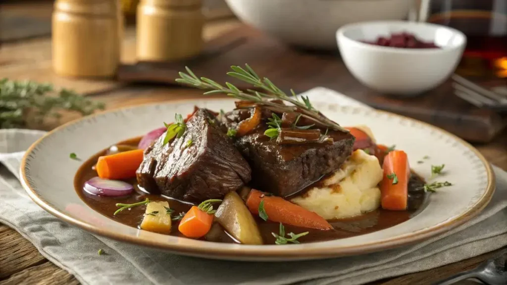 A close-up of braised beef cheeks with rich sauce and roasted vegetables on a wooden table.