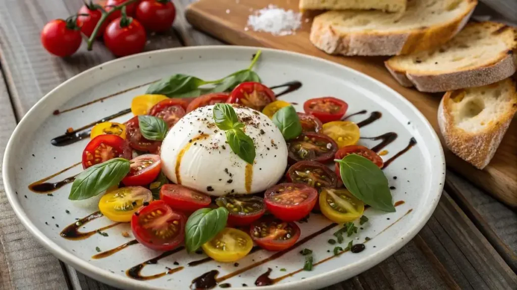 A serving plate with a burrata ball, cherry tomatoes, and basil leaves, drizzled with olive oil.