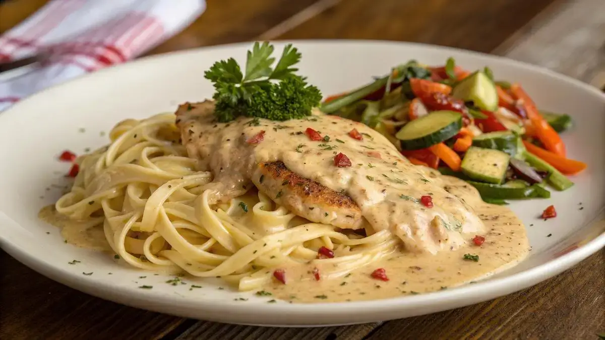 A skillet filled with cajun cream sauce garnished with parsley, surrounded by garlic and shallots.