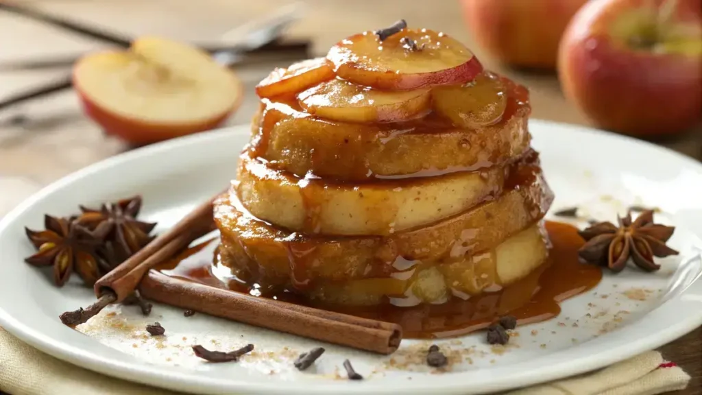 A plate of caramelized apples drizzled with caramel sauce and sprinkled with cinnamon.