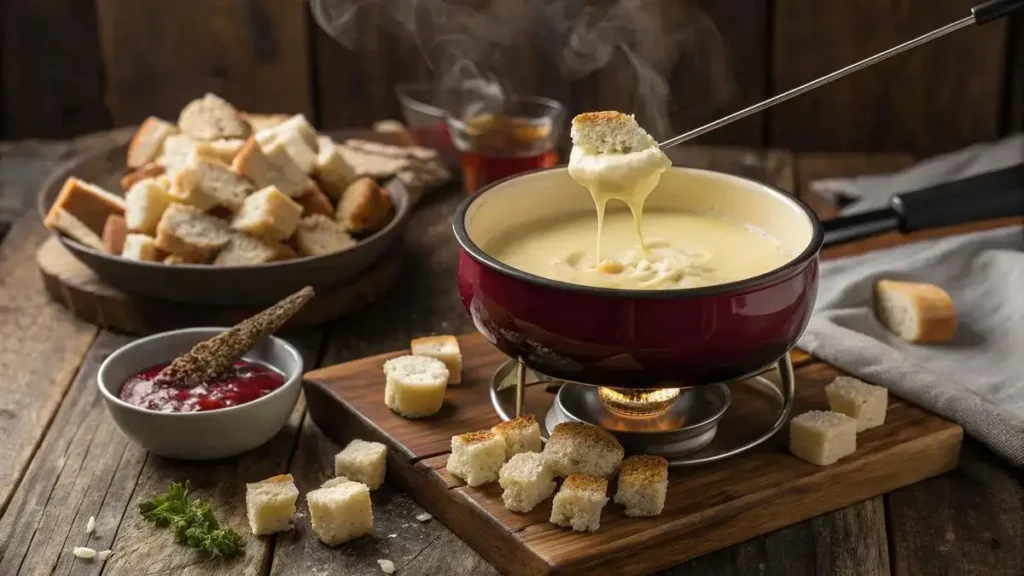 A pot of melted cheese fondue with bread cubes for dipping, set in a cozy atmosphere.