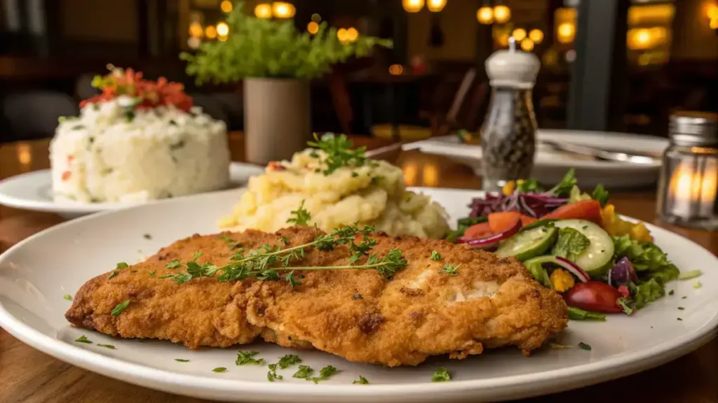 Crispy chicken chop served with mashed potatoes and salad on a white plate.