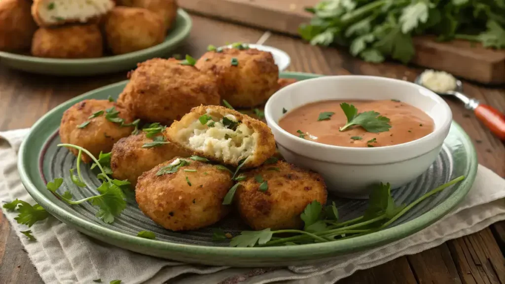 Plate of crispy chicken fritters garnished with herbs and dipping sauce.