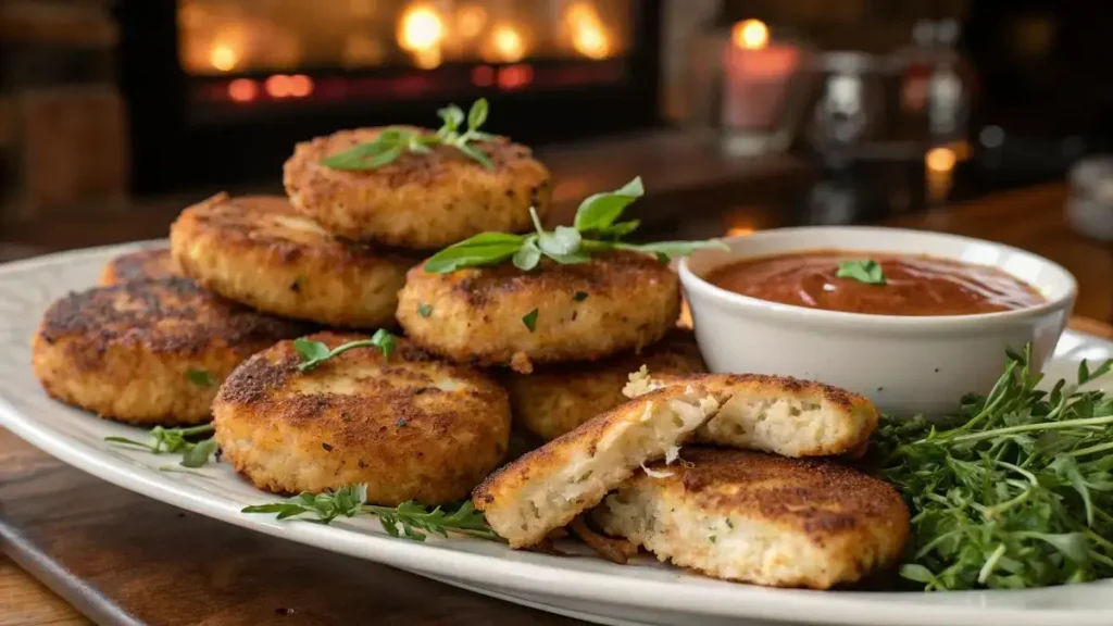 Golden-brown chicken patties on a wooden table with herbs and dipping sauce.