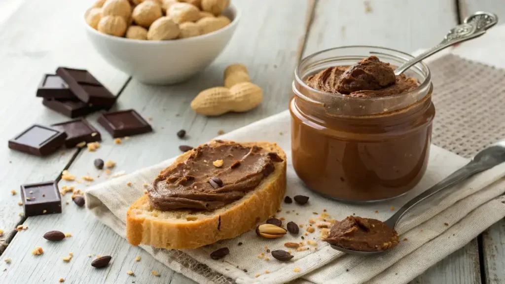 A jar of homemade chocolate peanut butter with toast and ingredients on a wooden table.