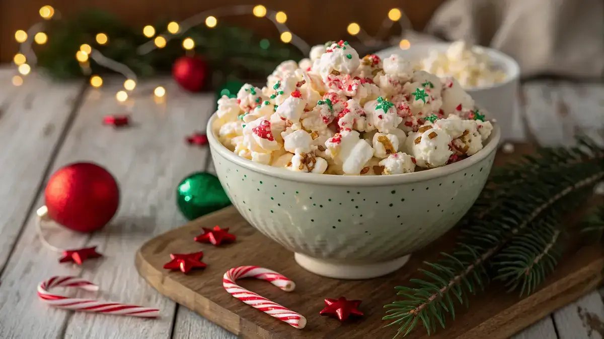 A bowl of Christmas popcorn with white chocolate coating and holiday sprinkles.