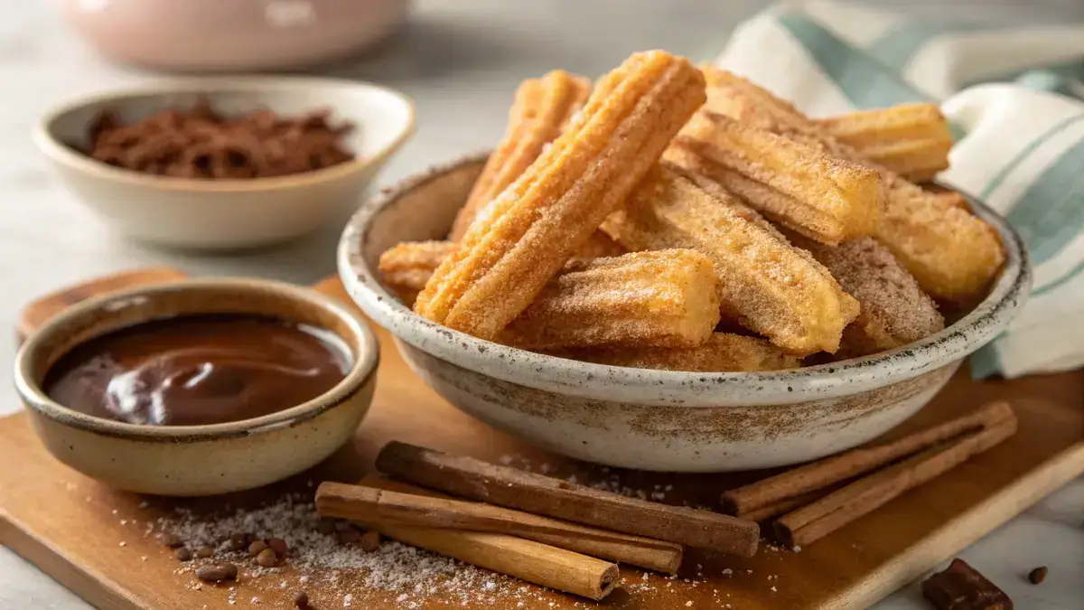 Plate of churro chips dusted with cinnamon sugar and served with chocolate sauce.