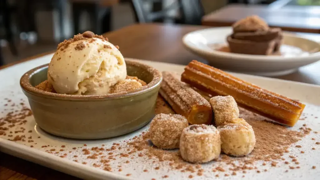 A bowl of Churro Ice Cream topped with cinnamon sugar-coated churro pieces.