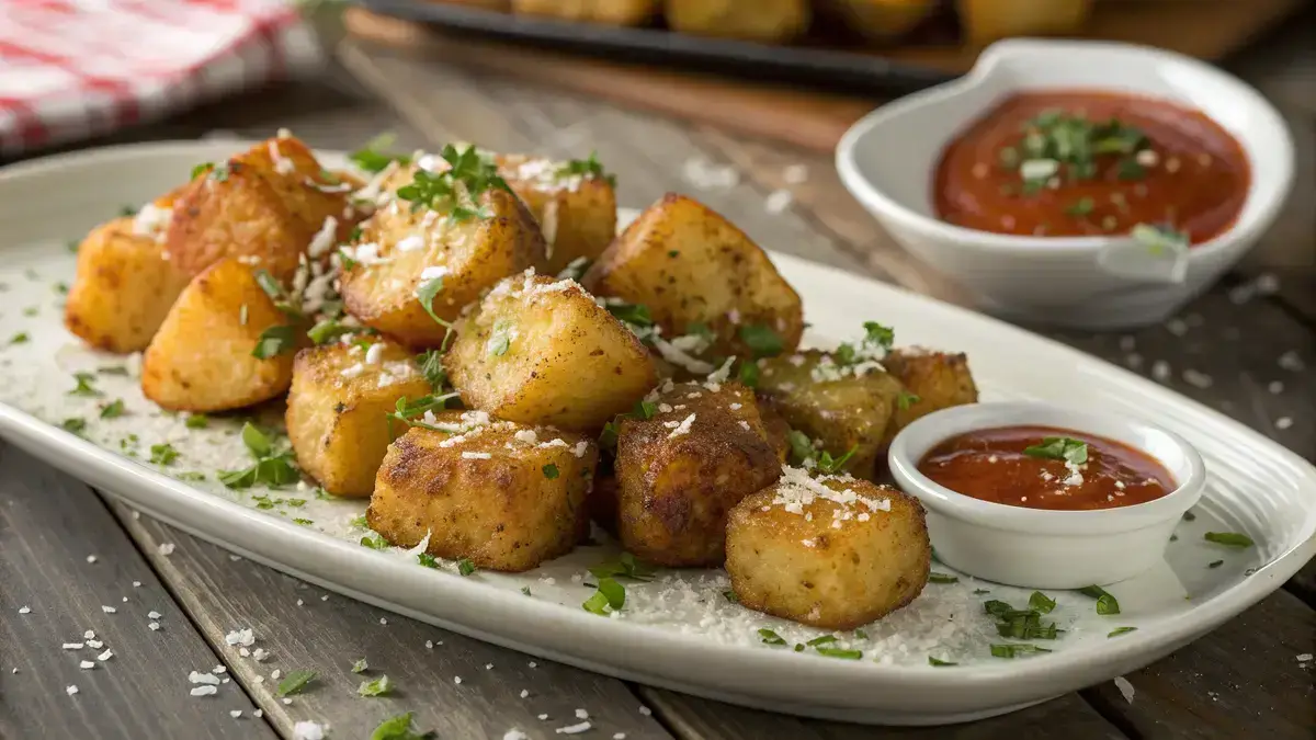 Plate of golden brown potato bites garnished with parsley and Parmesan cheese.