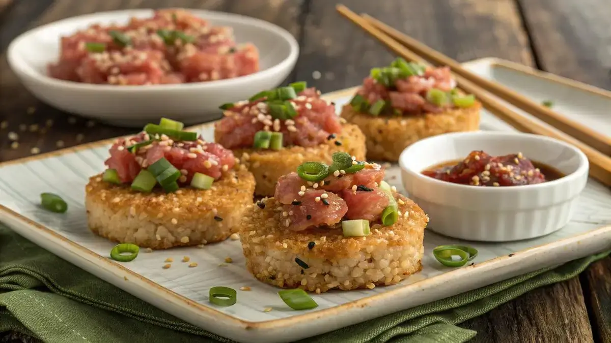 Crispy rice patties topped with spicy tuna and garnished with green onions and sesame seeds.
