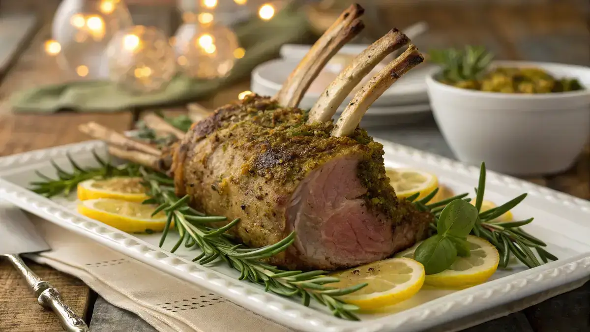 A perfectly roasted crown rack of lamb on a white platter with herbs and lemon slices.