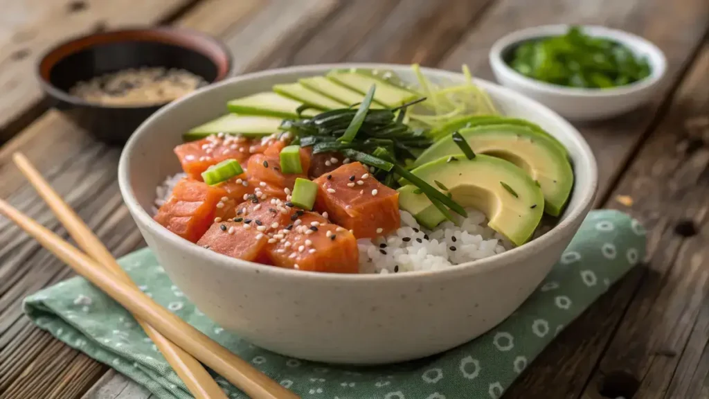 A colorful bowl of Don Poke with salmon, avocado, and cucumber on a wooden table.
