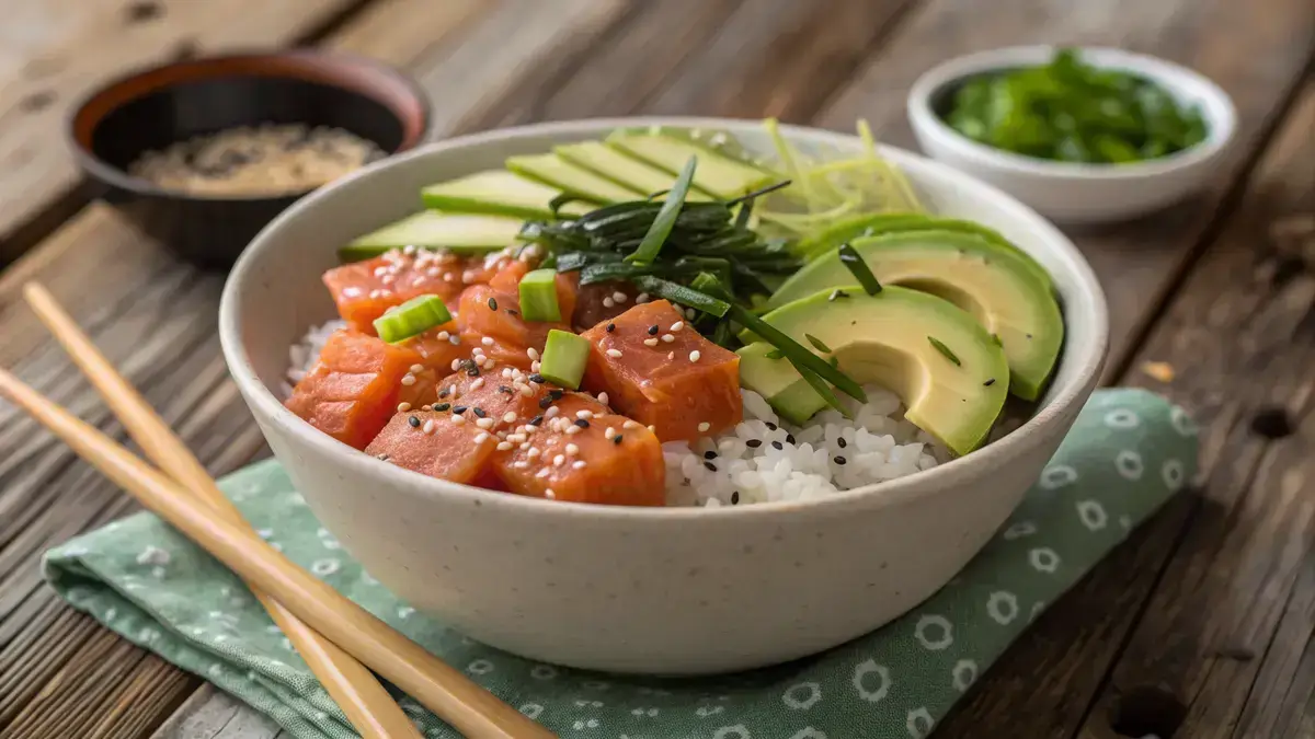 A colorful bowl of Don Poke with salmon, avocado, and cucumber on a wooden table.