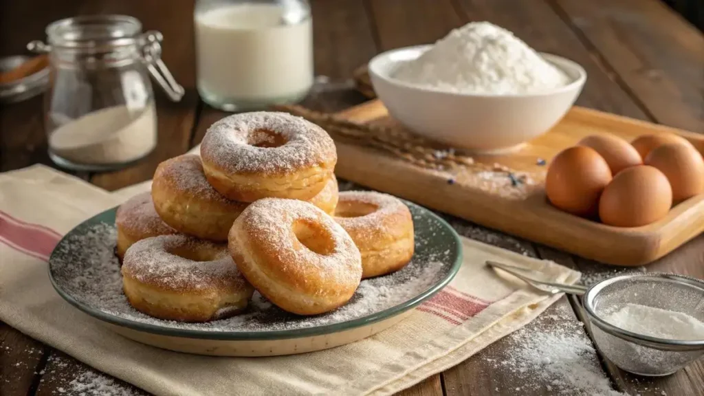 A plate of warm donuts coated in sugar mixture with a bowl of sugar in the background.