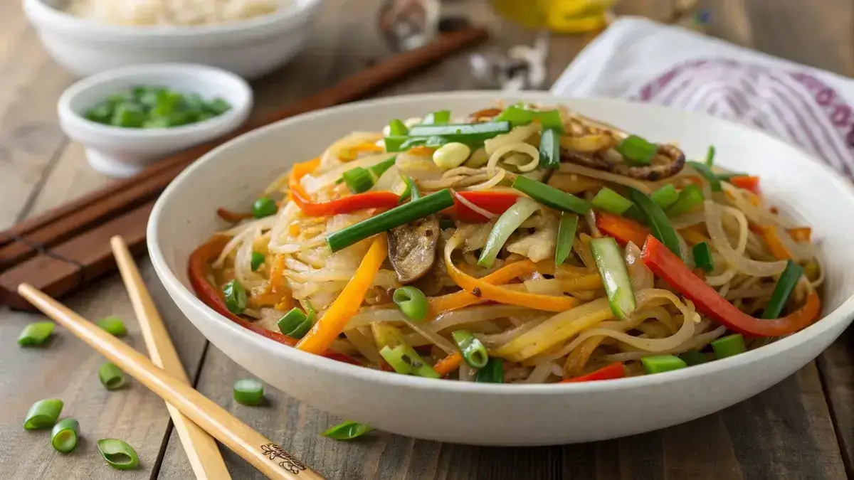 Stir-fried flat rice noodles with mixed vegetables and green onions in a white bowl.