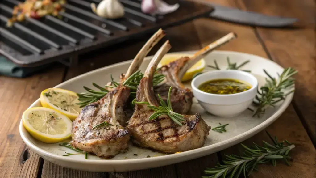 Grilled lamb chops garnished with rosemary and lemon slices on a wooden table.