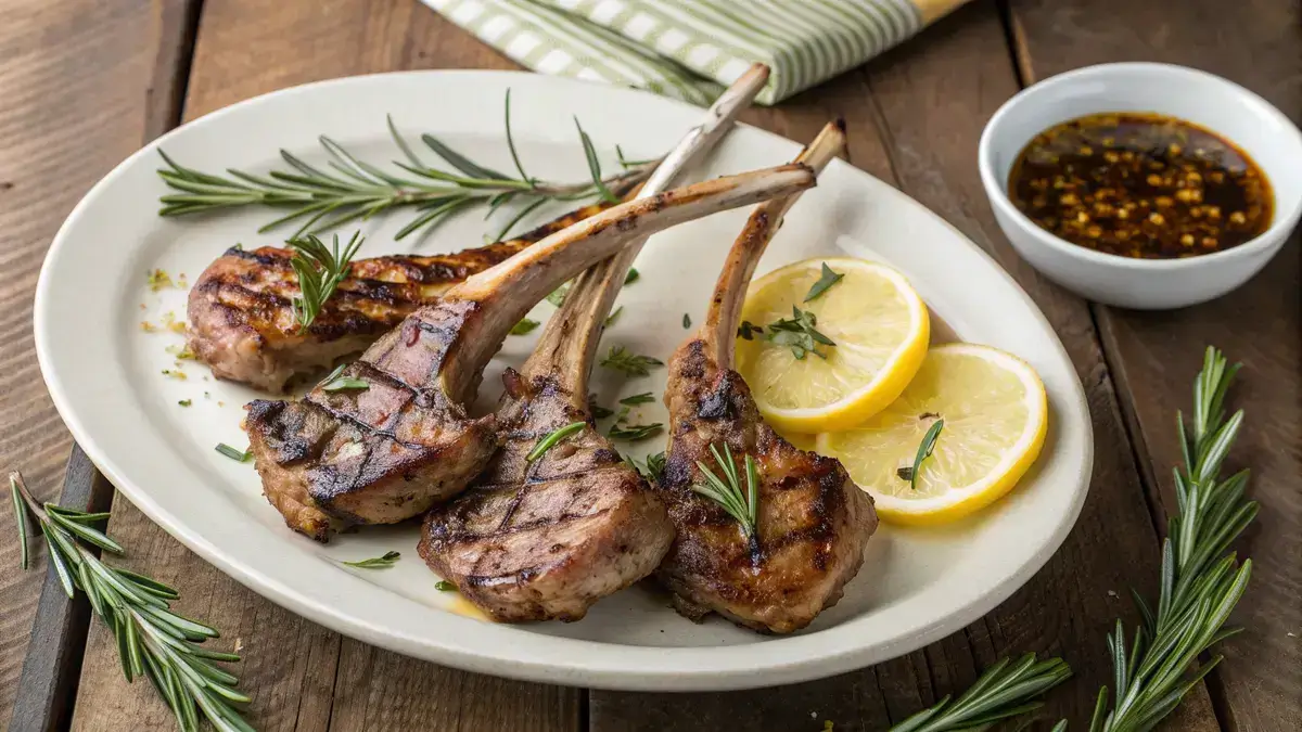 Grilled lamb lollipops garnished with rosemary and lemon slices on a wooden table.