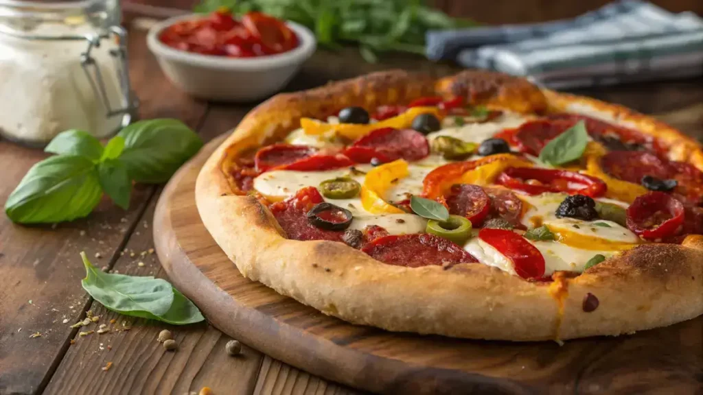Freshly baked handmade pan pizza with colorful toppings on a wooden table.
