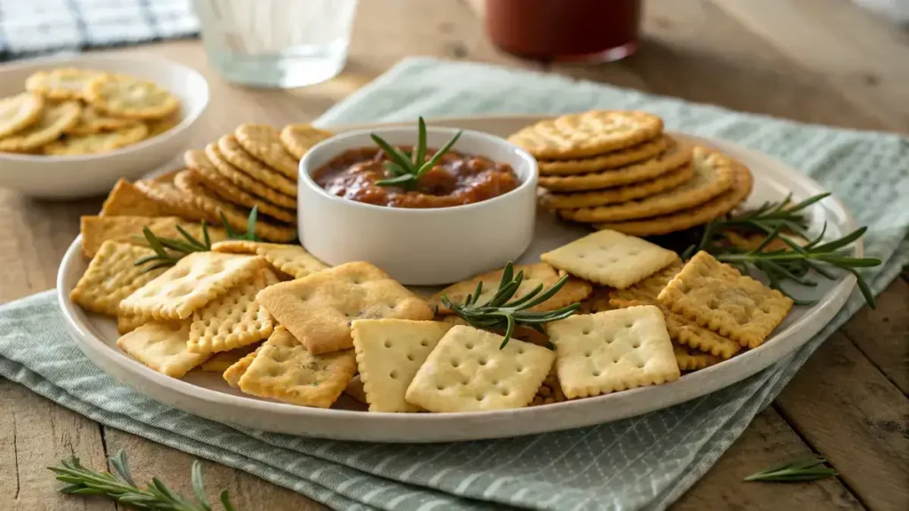 A plate of golden-brown homemade cracker snacks with fresh herbs and a bowl of dip.