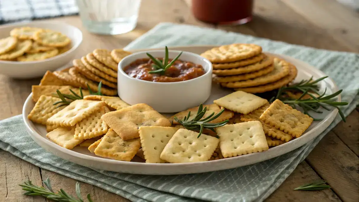 A plate of golden-brown homemade cracker snacks with fresh herbs and a bowl of dip.