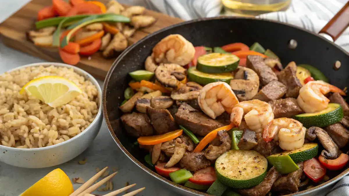 A delicious homemade hibachi meal with chicken, shrimp, steak, and colorful vegetables on a skillet.