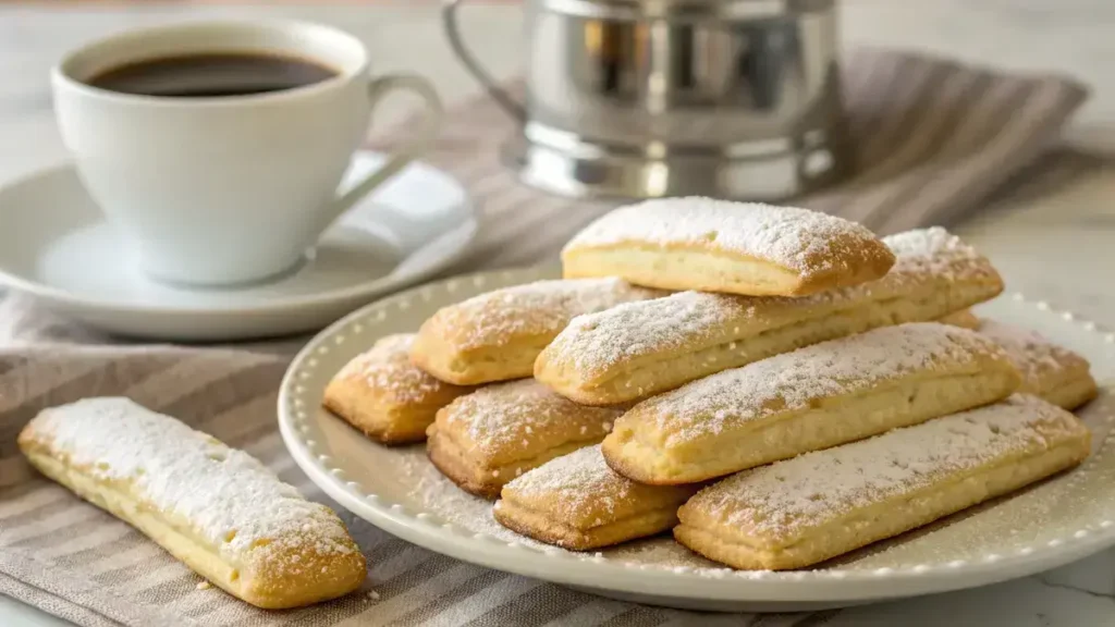 A plate of golden-brown lady fingers dusted with powdered sugar next to a cup of coffee.
