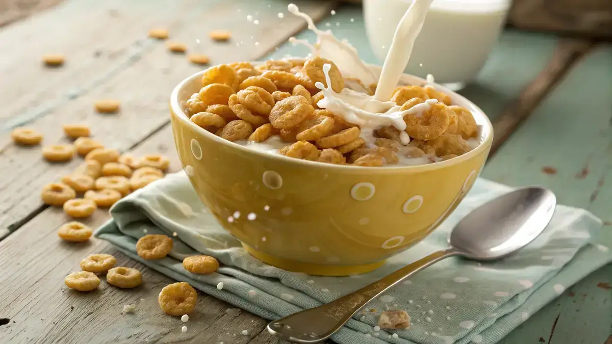 A bowl of Honey Smacks cereal with milk, placed on a wooden table.