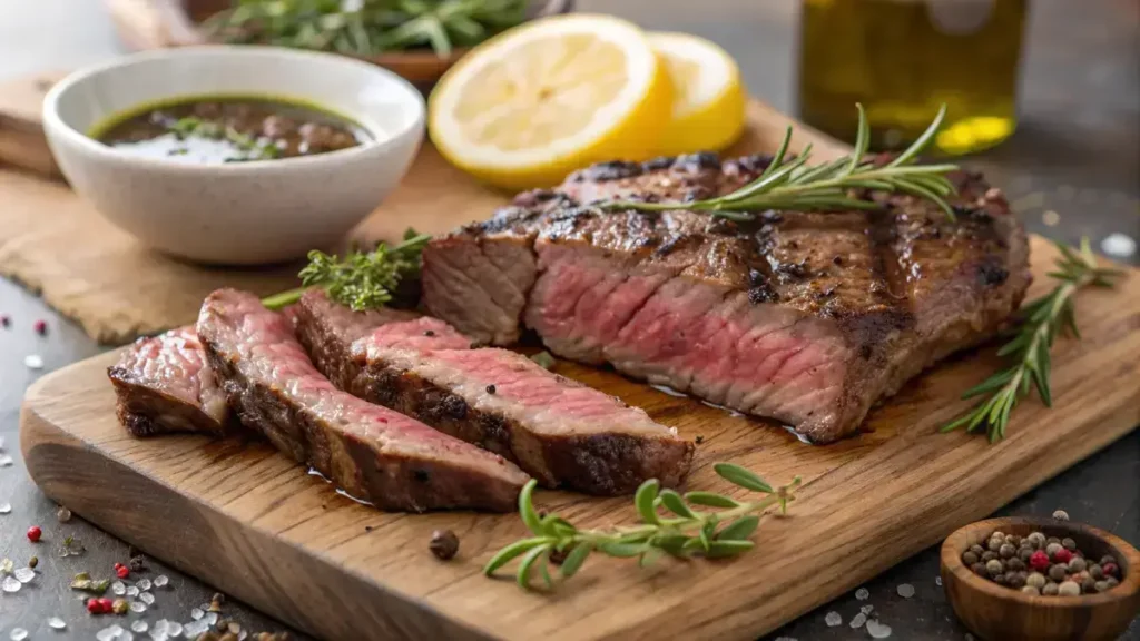 Sliced Italian steak on a wooden cutting board with herbs and lemon wedges.