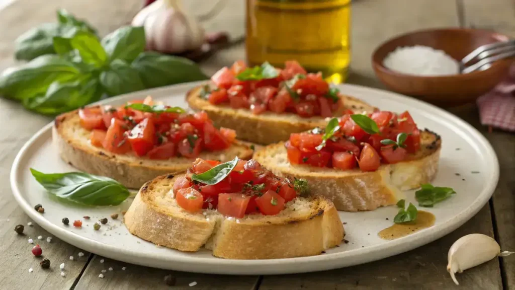Plate of Italian toast topped with diced tomatoes and basil on a wooden table.