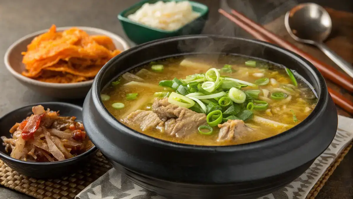 A bowl of korean bone broth garnished with green onions and served with kimchi.