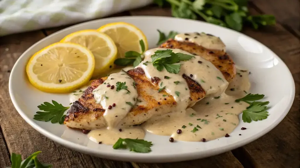 Plate of grilled chicken topped with creamy lemon pepper sauce and garnished with parsley and lemon slices.