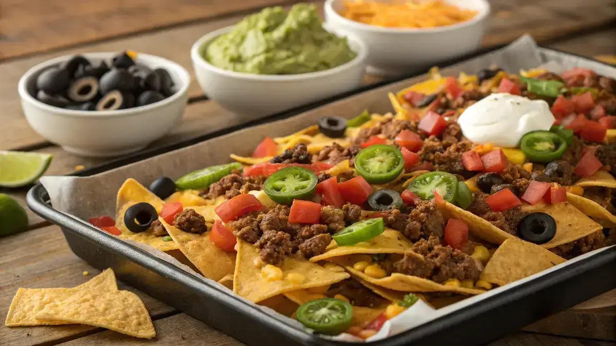 A close-up of Loaded Doritos topped with ground beef, cheese, and fresh vegetables.